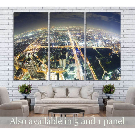 Osaka night skyline triptych canvas print with fisheye aerial city lights above a sofa