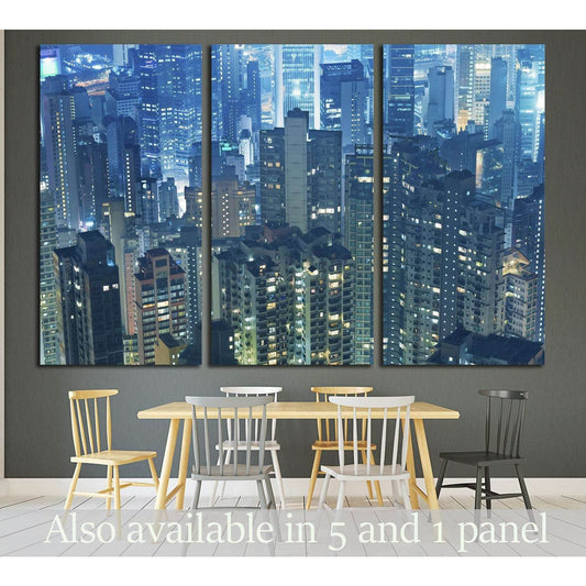 Hong Kong skyline aerial view canvas print in a blue triptych above a dining table