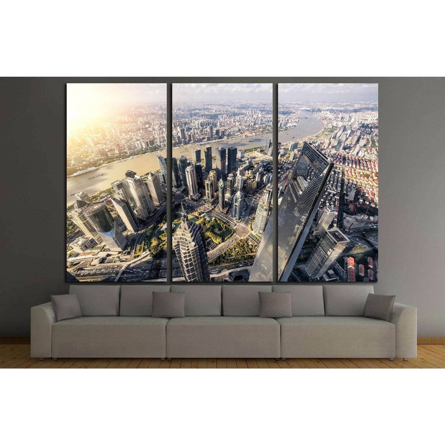Aerial Shanghai Lujiazui skyline triptych canvas print above sofa in a modern living room