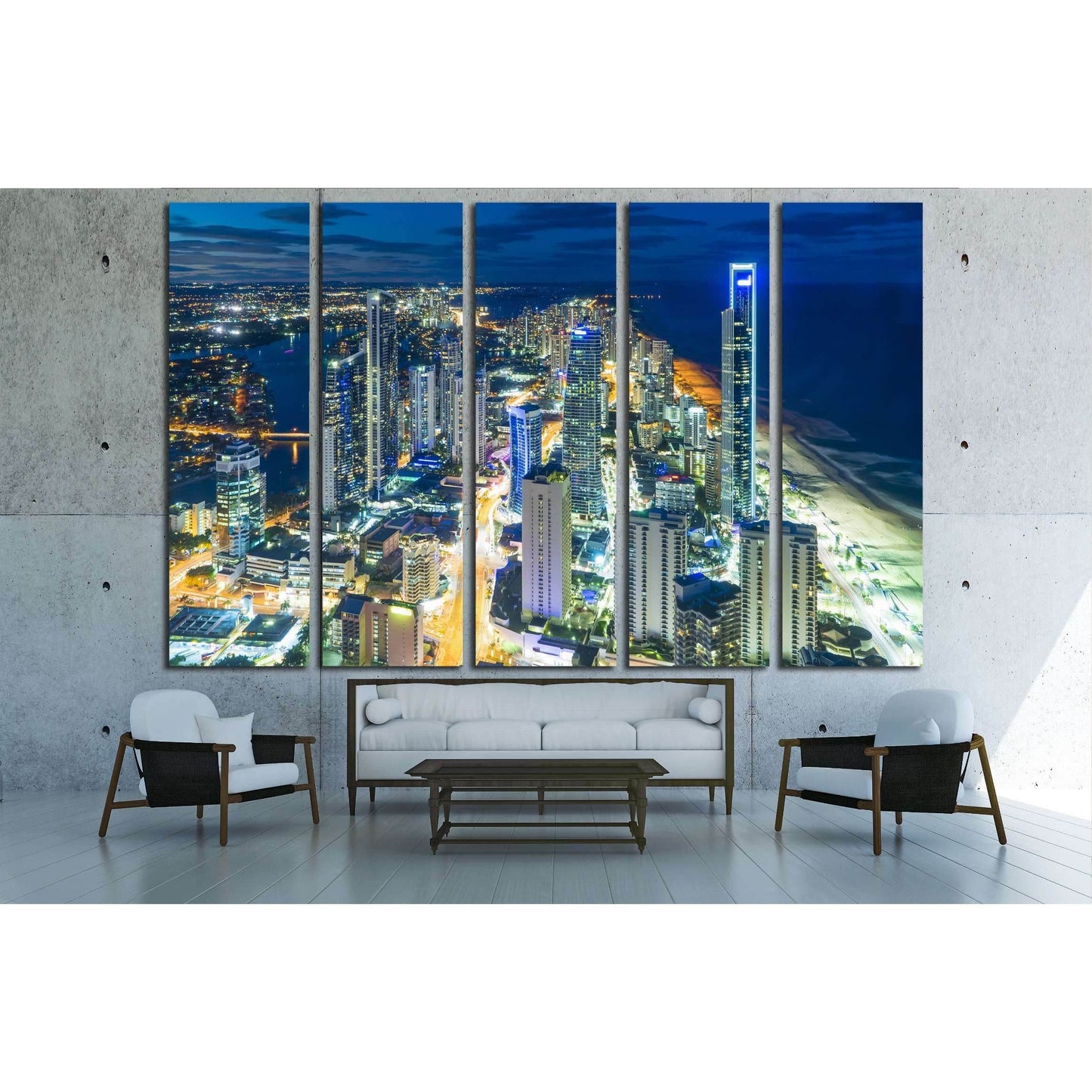 Aerial view of skyline with light trail at Gold Coast, Australia at night №2971 Ready to Hang Canvas Print - Zellart Canvas Prints ALL_Products, s-2971