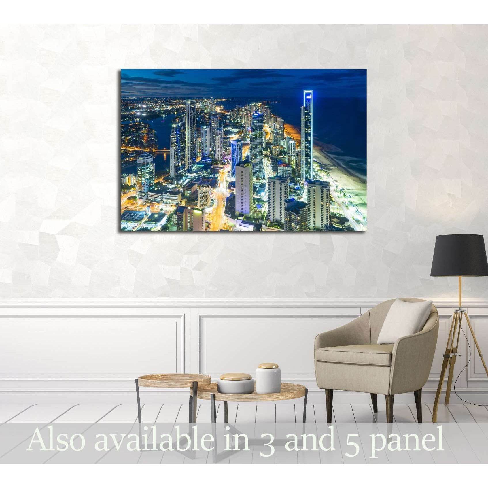 Aerial view of skyline with light trail at Gold Coast, Australia at night №2971 Ready to Hang Canvas Print - Zellart Canvas Prints ALL_Products, s-2971