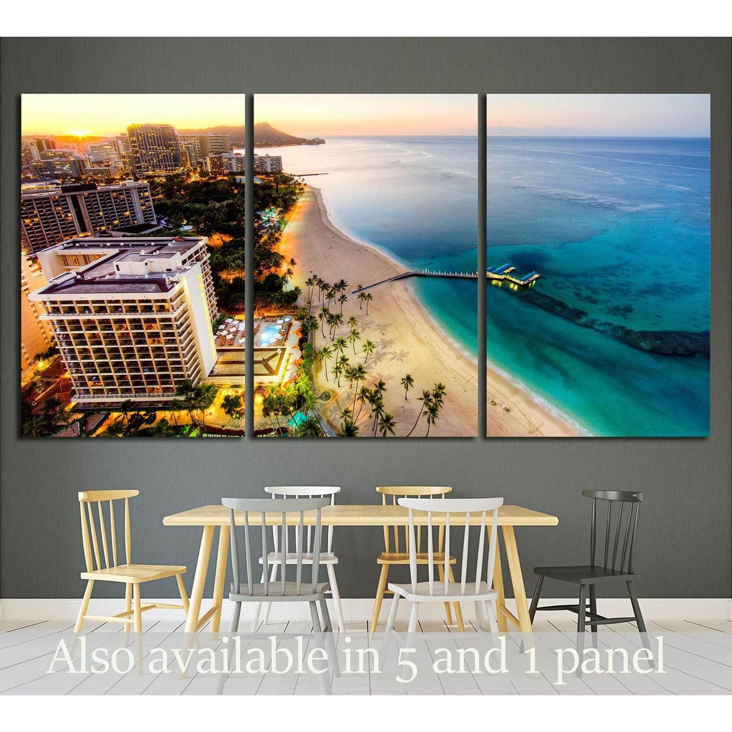 Aerial View of Sunrise at Waikiki Beach №1717 Ready to Hang Canvas Print - Zellart Canvas Prints ALL_Products, s-1717