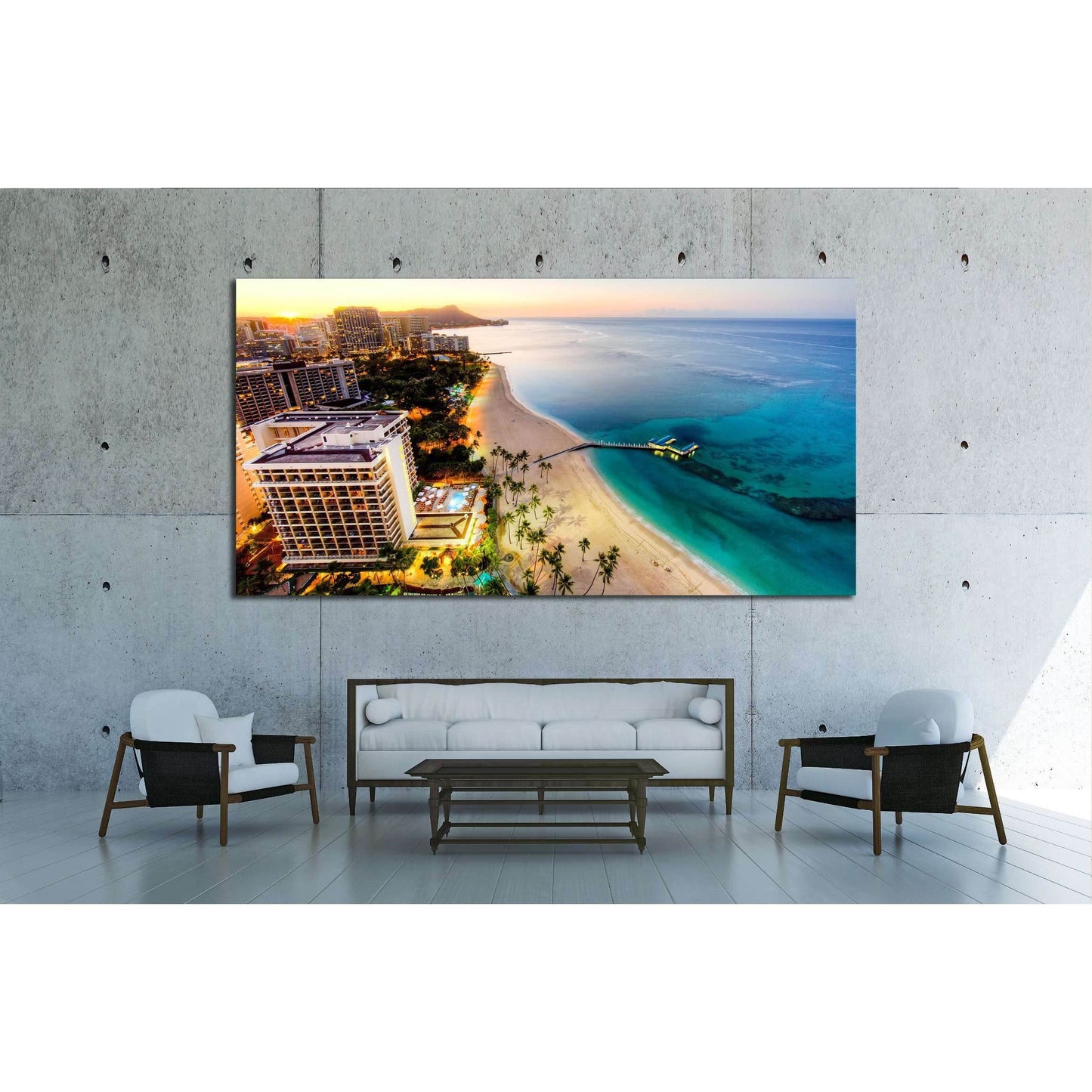 Aerial View of Sunrise at Waikiki Beach №1717 Ready to Hang Canvas Print - Zellart Canvas Prints ALL_Products, s-1717