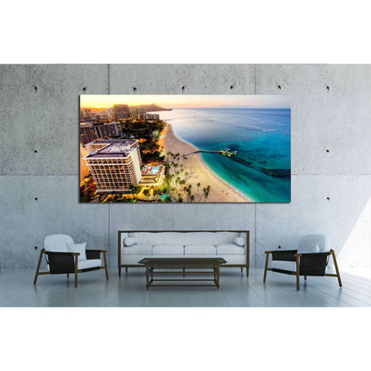 Aerial View of Sunrise at Waikiki Beach №1717 Ready to Hang Canvas Print - Zellart Canvas Prints ALL_Products, s-1717