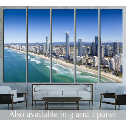 Five-panel Surfers Paradise canvas print with Gold Coast skyline and beach aerial view