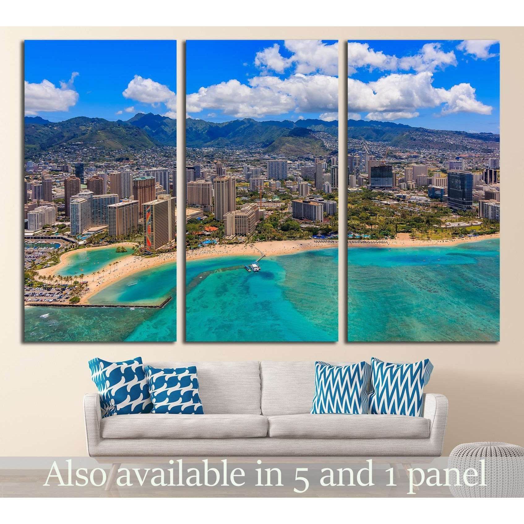 Aerial view of Waikiki Beach in Honolulu Hawaii from a helicopter №1754 Ready to Hang Canvas PrintCanvas art arrives ready to hang, with hanging accessories included and no additional framing required. Every canvas print is hand-crafted, made on-demand at