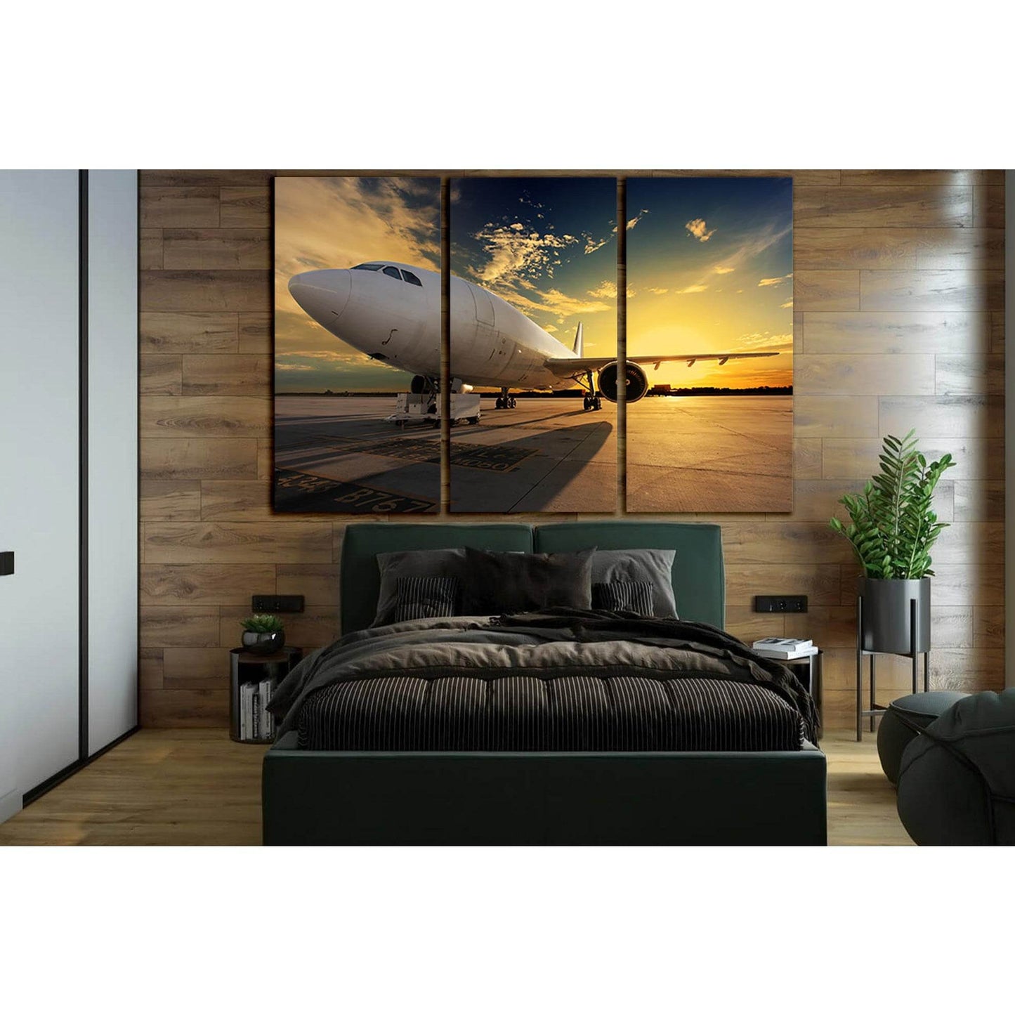 Airplane At Sunset №SL1427 Ready to Hang Canvas Print - Zellart Canvas Prints 0new, ALL_Products, Engine