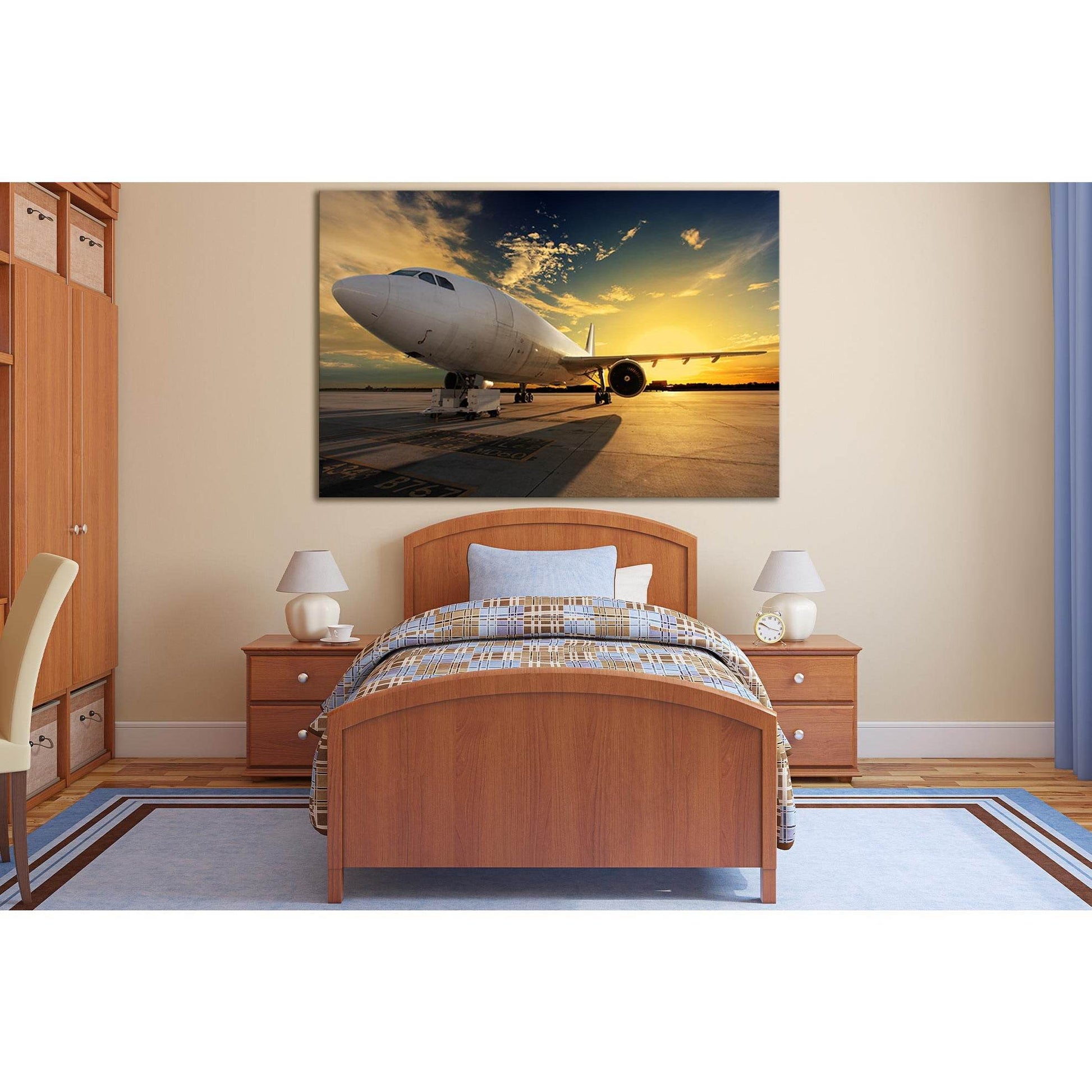 Airplane At Sunset №SL1427 Ready to Hang Canvas Print - Zellart Canvas Prints 0new, ALL_Products, Engine