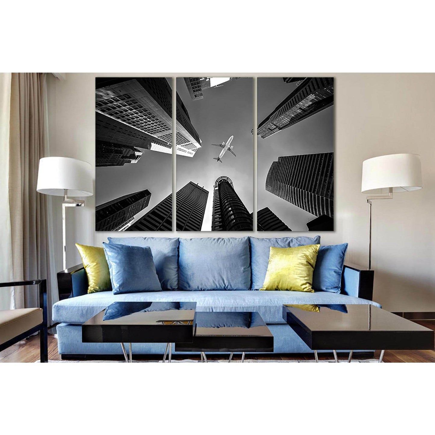 Airplane Flying Over Buildings №SL836 Ready to Hang Canvas Print - Zellart Canvas Prints 0new, ALL_Products, Black & White Wall Art