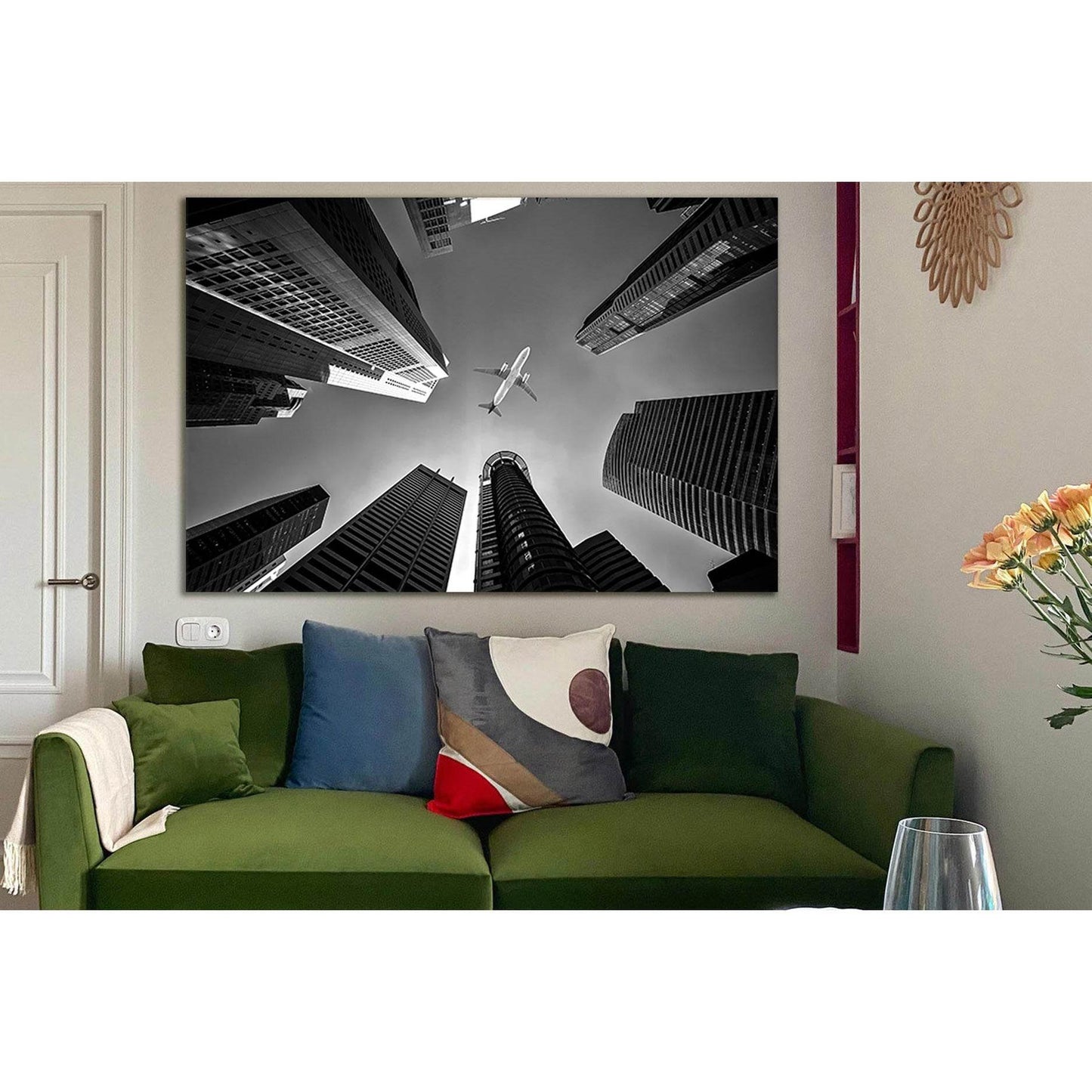 Airplane Flying Over Buildings №SL836 Ready to Hang Canvas Print - Zellart Canvas Prints 0new, ALL_Products, Black & White Wall Art
