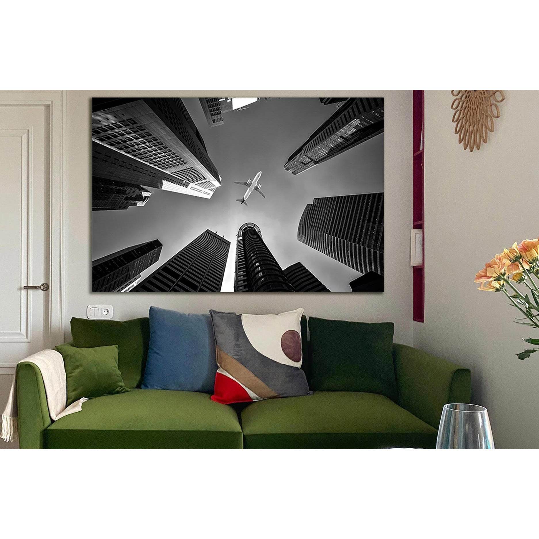 Airplane Flying Over Buildings №SL836 Ready to Hang Canvas Print - Zellart Canvas Prints 0new, ALL_Products, Black & White Wall Art