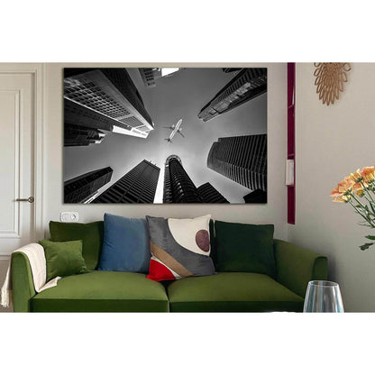 Airplane Flying Over Buildings №SL836 Ready to Hang Canvas Print - Zellart Canvas Prints 0new, ALL_Products, Black & White Wall Art
