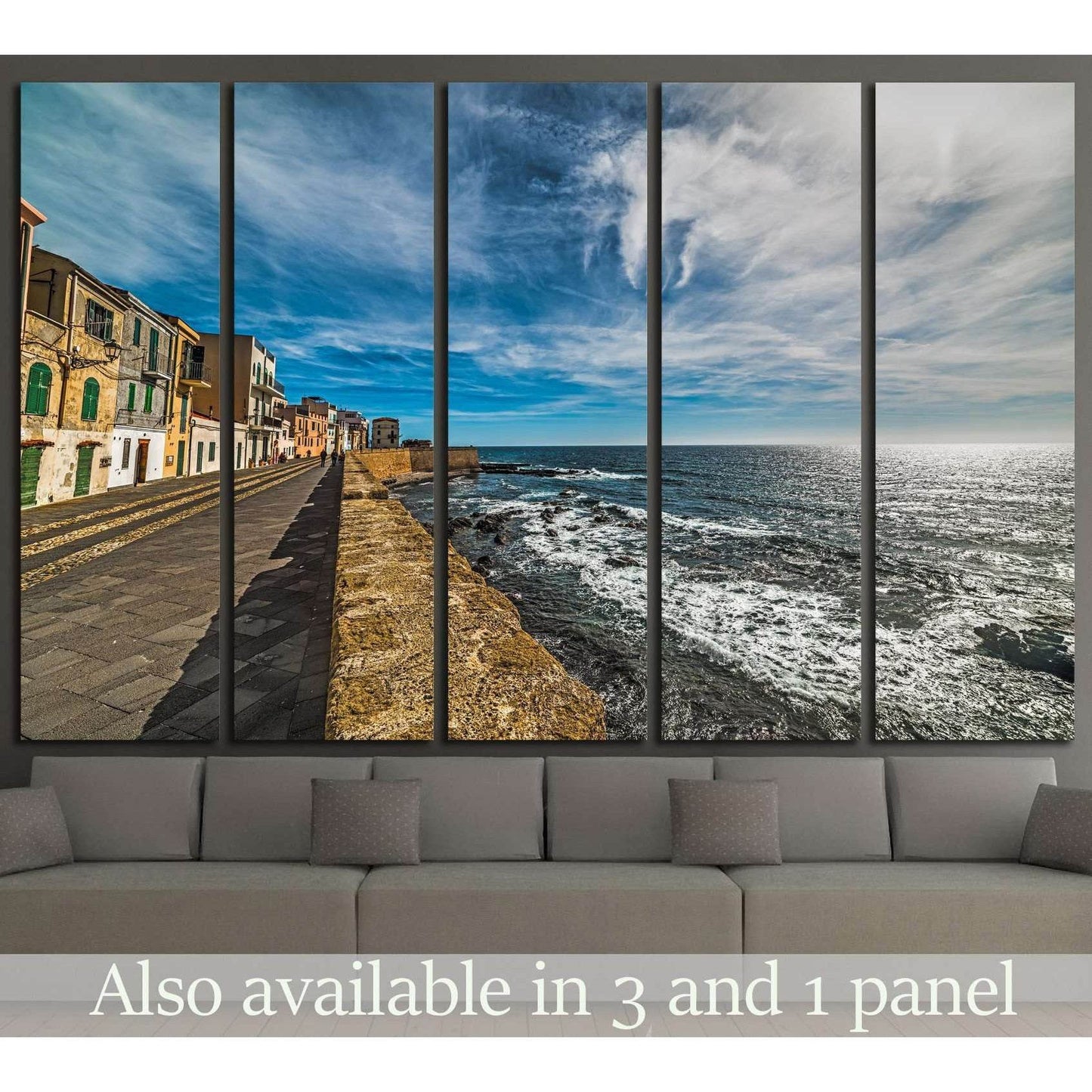 Alghero seafront canvas print above sofa with Sardinia promenade, old town buildings, and blue sea