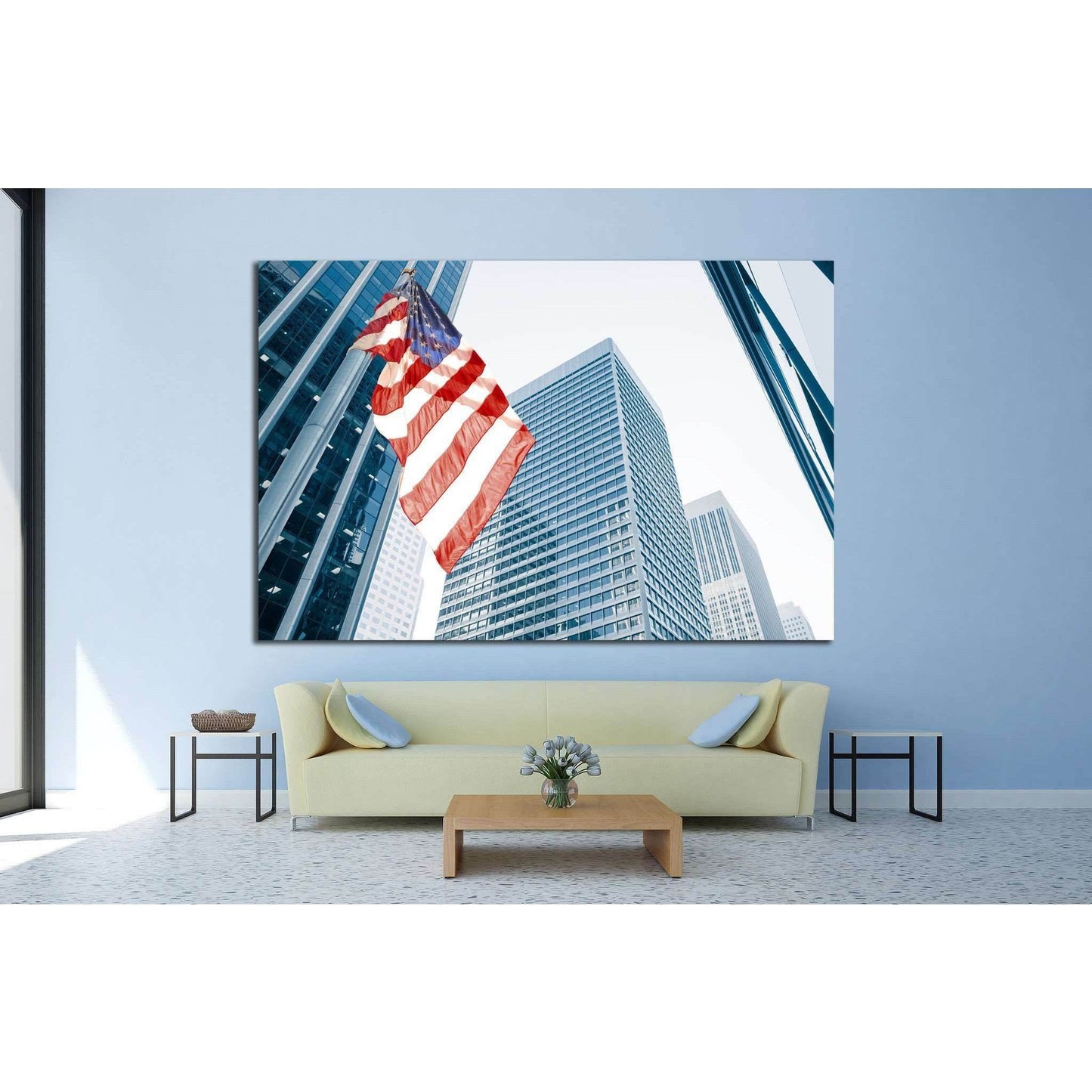 American flag on blue building №1288 Ready to Hang Canvas PrintCanvas art arrives ready to hang, with hanging accessories included and no additional framing required. Every canvas print is hand-crafted, made on-demand at our workshop and expertly stretche