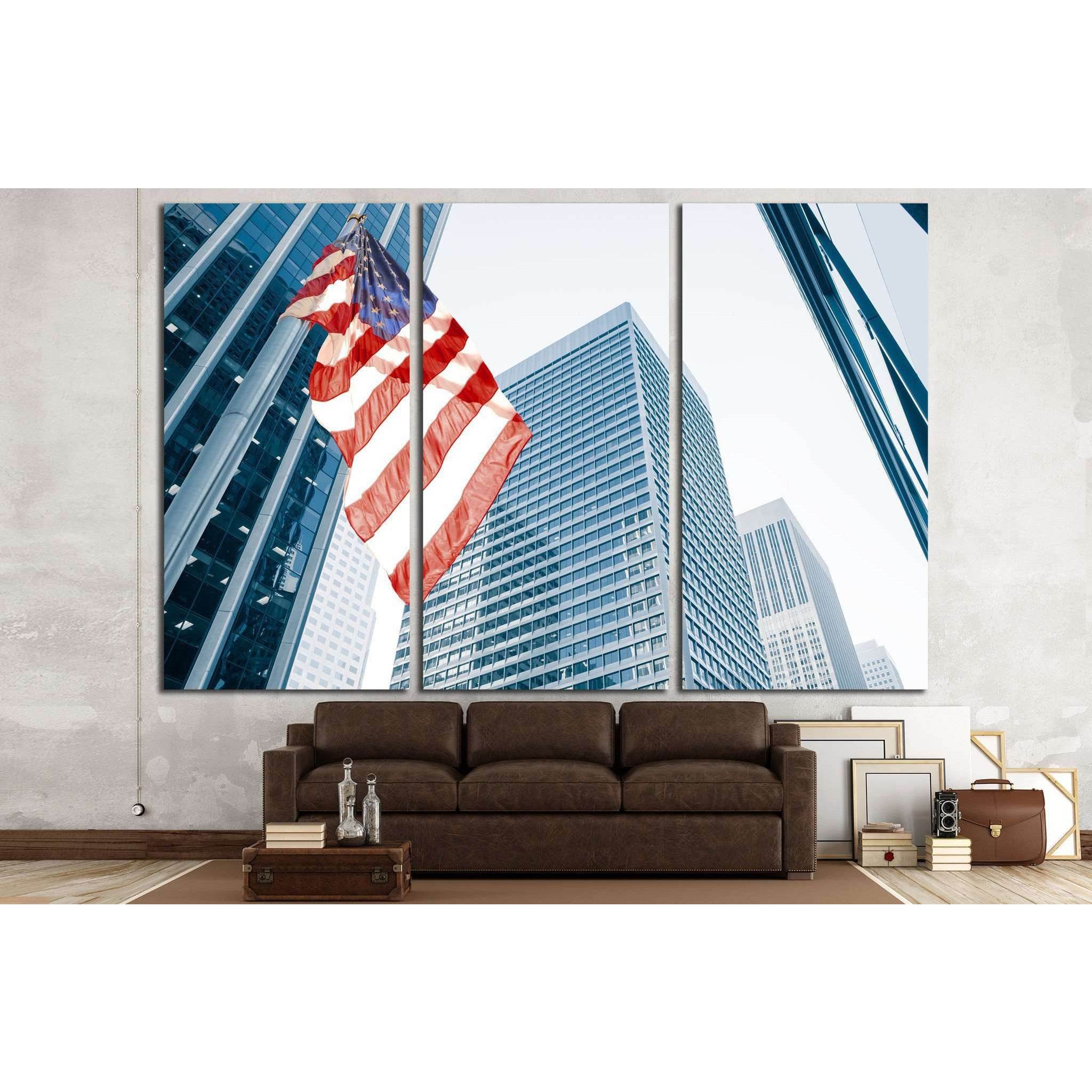 American flag on blue building №1288 Ready to Hang Canvas Print