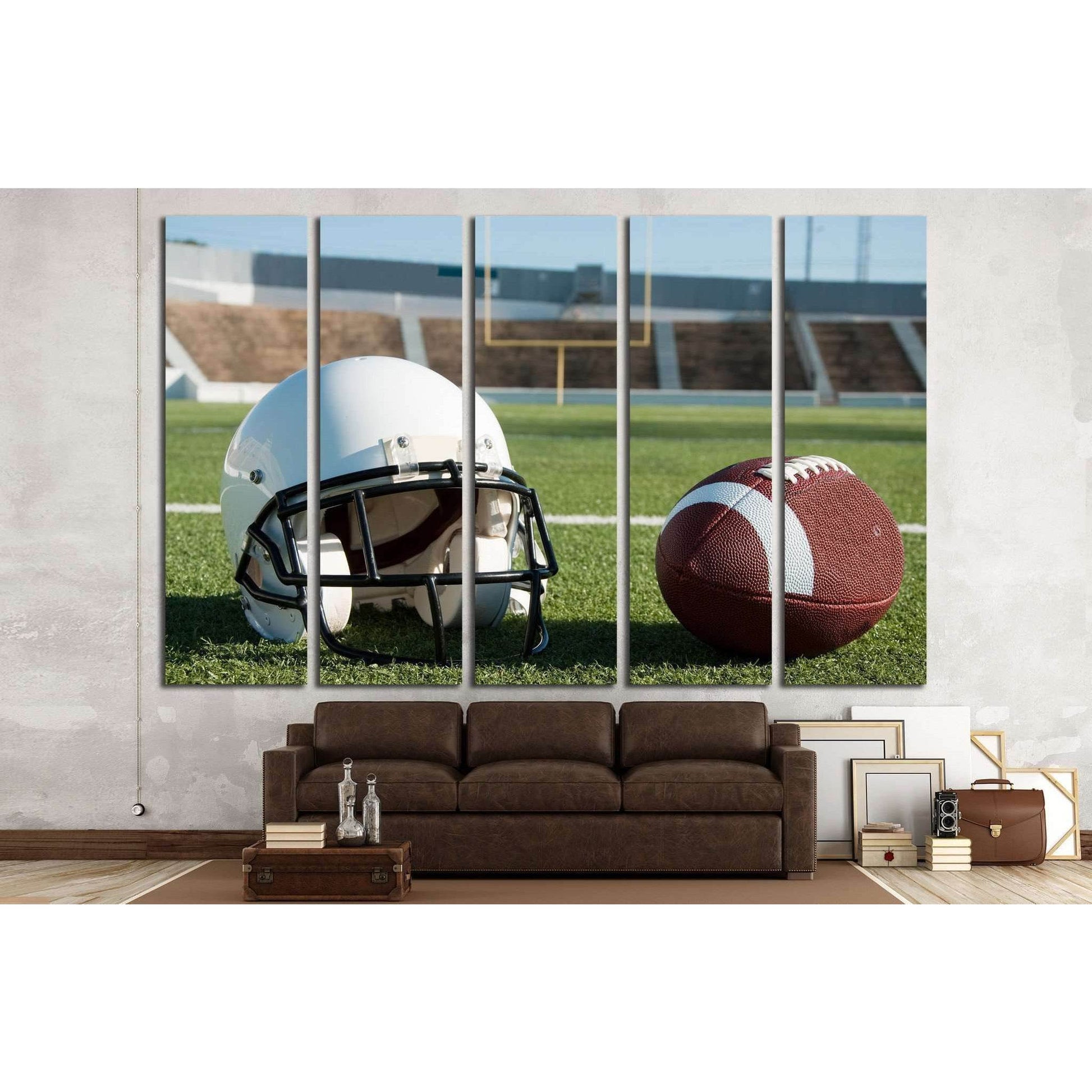 American football and helmet on field with goal post in background №2113 Ready to Hang Canvas PrintCanvas art arrives ready to hang, with hanging accessories included and no additional framing required. Every canvas print is hand-crafted, made on-demand a