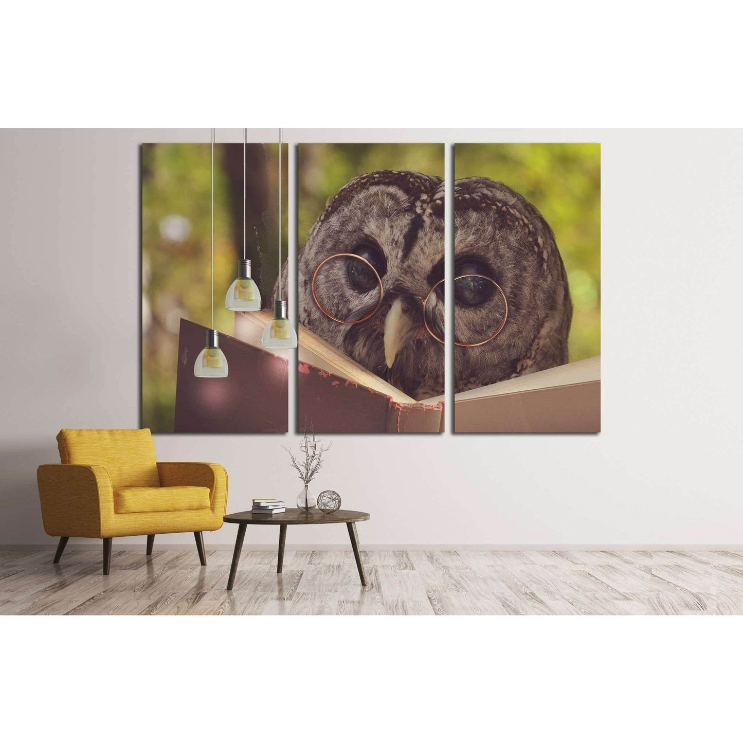 An owl animal with glasses is reading a book in the woods №1849 Ready to Hang Canvas Print - Zellart Canvas Prints ALL_Products, Owl, s-1849