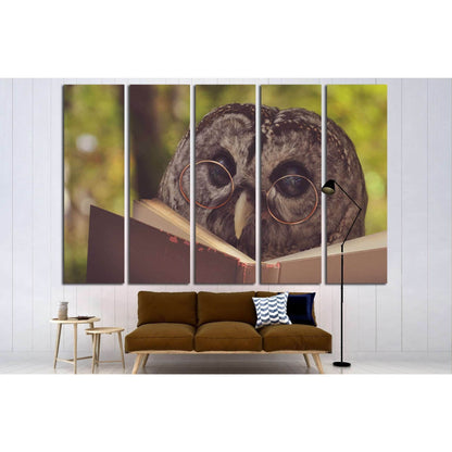 An owl animal with glasses is reading a book in the woods №1849 Ready to Hang Canvas Print - Zellart Canvas Prints ALL_Products, Owl, s-1849