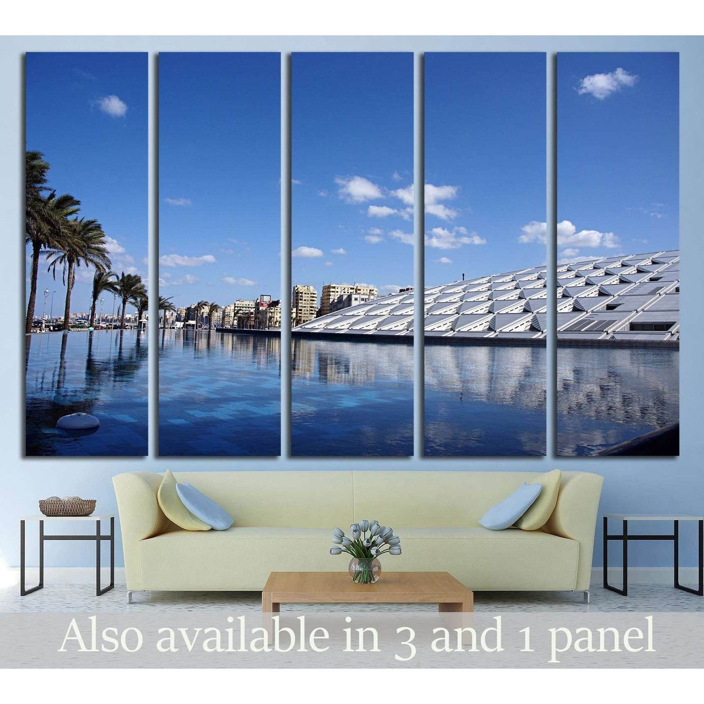 Bibliotheca Alexandrina canvas print above sofa with blue reflecting pool and palm-lined Alexandria waterfront