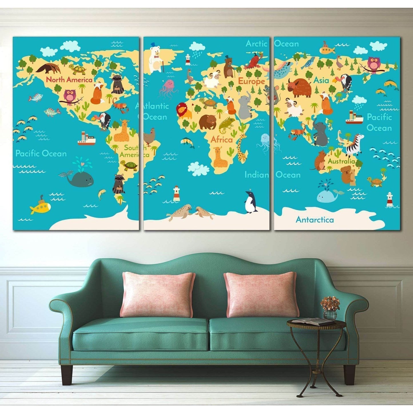 Animals world map for kids room №794 Ready to Hang Canvas Print - Zellart Canvas Prints ALL_Products, z-794