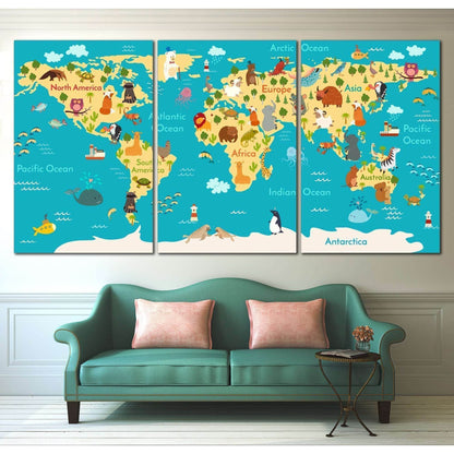 Animals world map for kids room №794 Ready to Hang Canvas Print - Zellart Canvas Prints ALL_Products, z-794