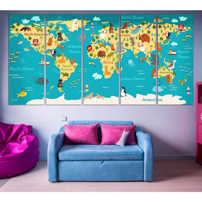 Animals world map for kids room №794 Ready to Hang Canvas Print - Zellart Canvas Prints ALL_Products, z-794