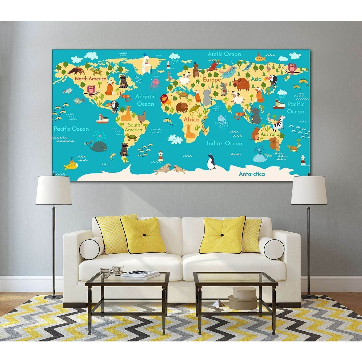 Kids Animal World Map Canvas Print — Educational Nursery Map - Zellart
