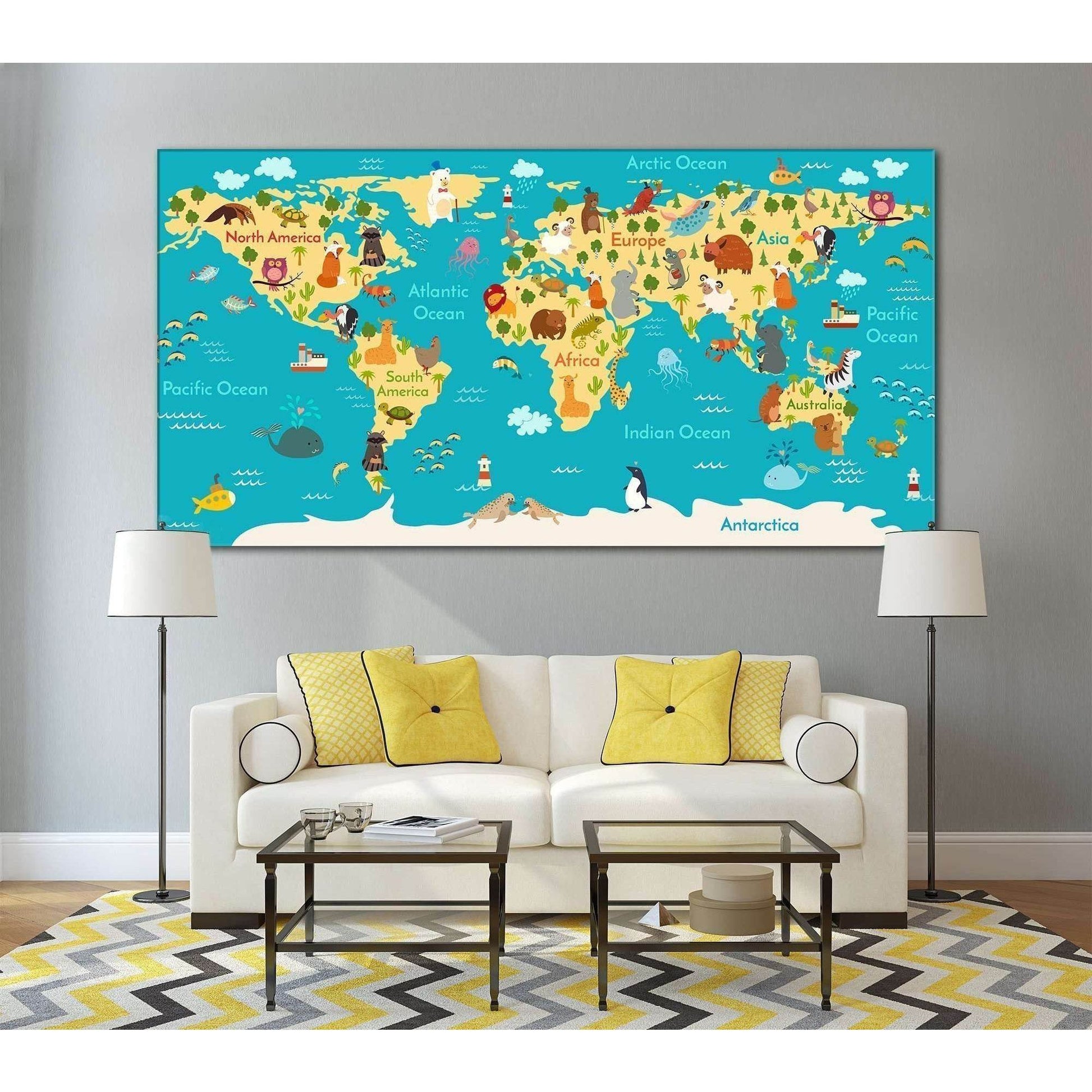 Animals world map for kids room №794 Ready to Hang Canvas Print - Zellart Canvas Prints ALL_Products, z-794