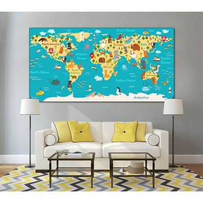 Animals world map for kids room №794 Ready to Hang Canvas Print - Zellart Canvas Prints ALL_Products, z-794