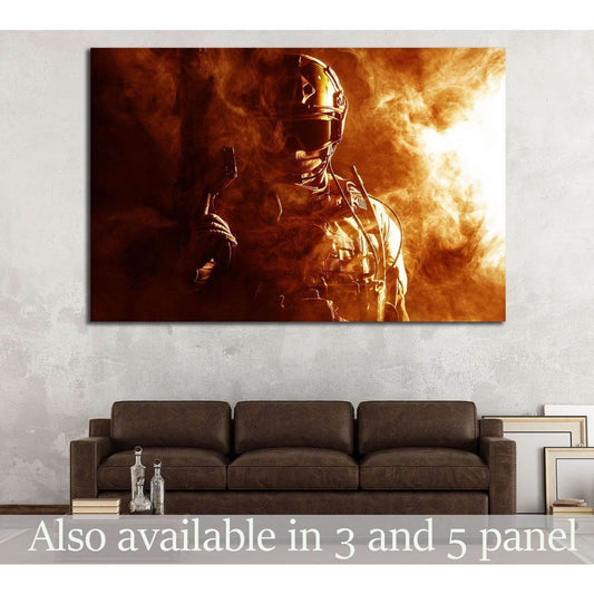 Tactical soldier canvas print in orange smoke displayed above a brown sofa in a modern living room