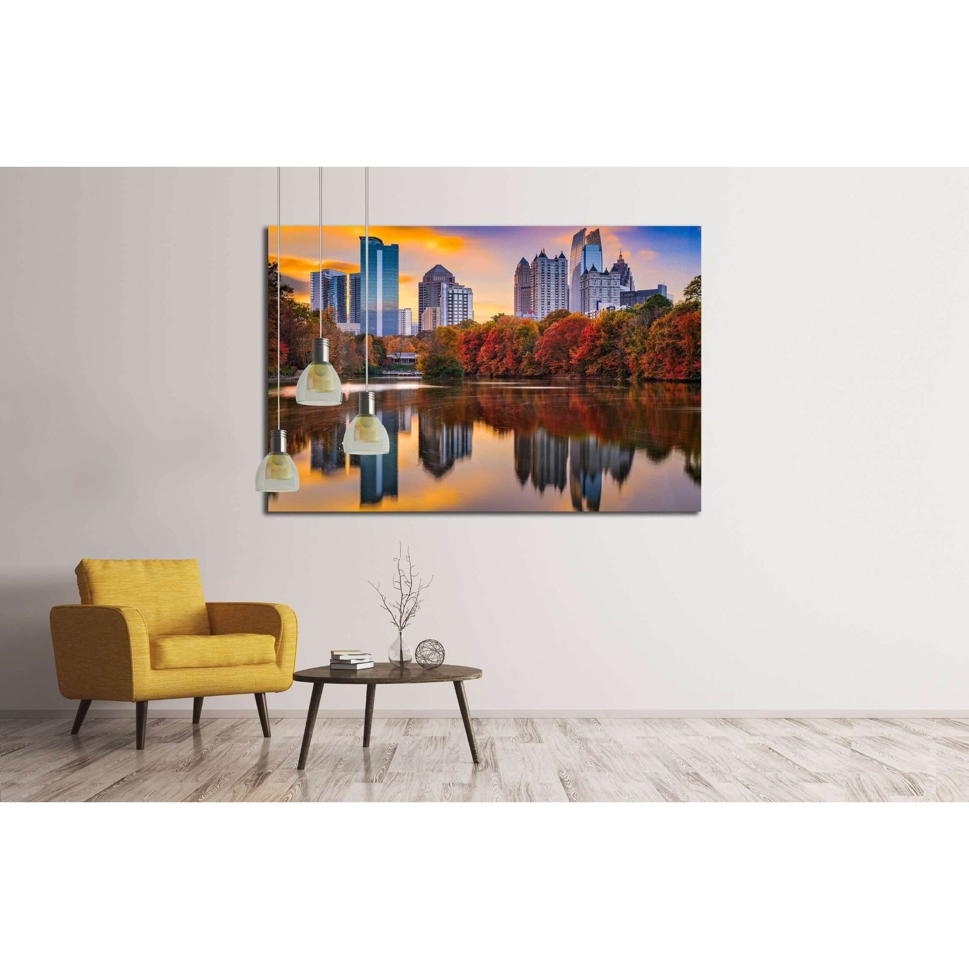 Piedmont Park skyline in autumn Atlanta, GA Canvas PrintThis triptych canvas print captures an urban skyline at sunset, reflected in the calm waters of a city park. The autumnal trees add a warm spectrum of reds and oranges to the scene, complementing the