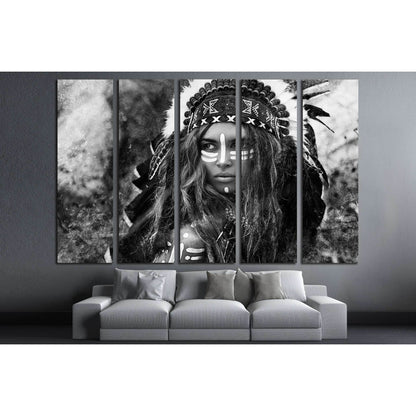 Attractive young woman in chieftain. Black and white portrait. Indian style №2769 Ready to Hang Canvas PrintCanvas art arrives ready to hang, with hanging accessories included and no additional framing required. Every canvas print is hand-crafted, made on
