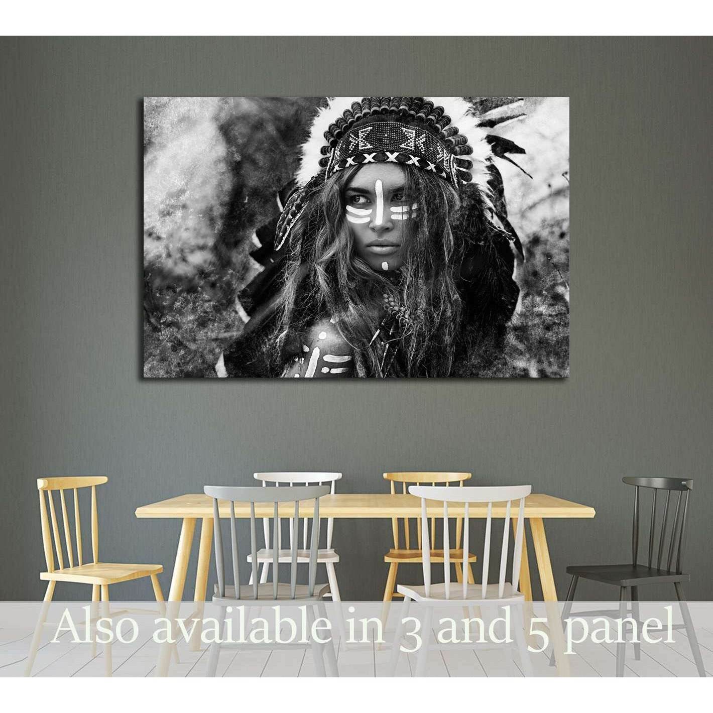 Attractive young woman in chieftain. Black and white portrait. Indian style №2769 Ready to Hang Canvas Print - Zellart Canvas Prints ALL_Products, s-2769