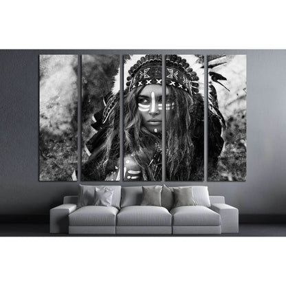 Attractive young woman in chieftain. Black and white portrait. Indian style №2769 Ready to Hang Canvas Print - Zellart Canvas Prints ALL_Products, s-2769