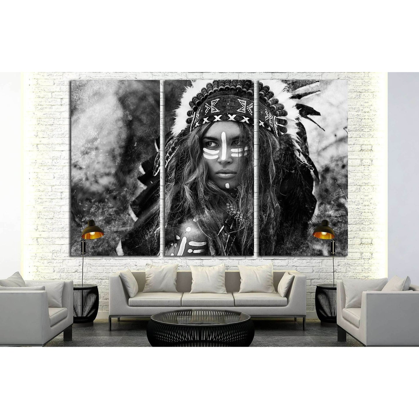 Attractive young woman in chieftain. Black and white portrait. Indian style №2769 Ready to Hang Canvas Print - Zellart Canvas Prints ALL_Products, s-2769