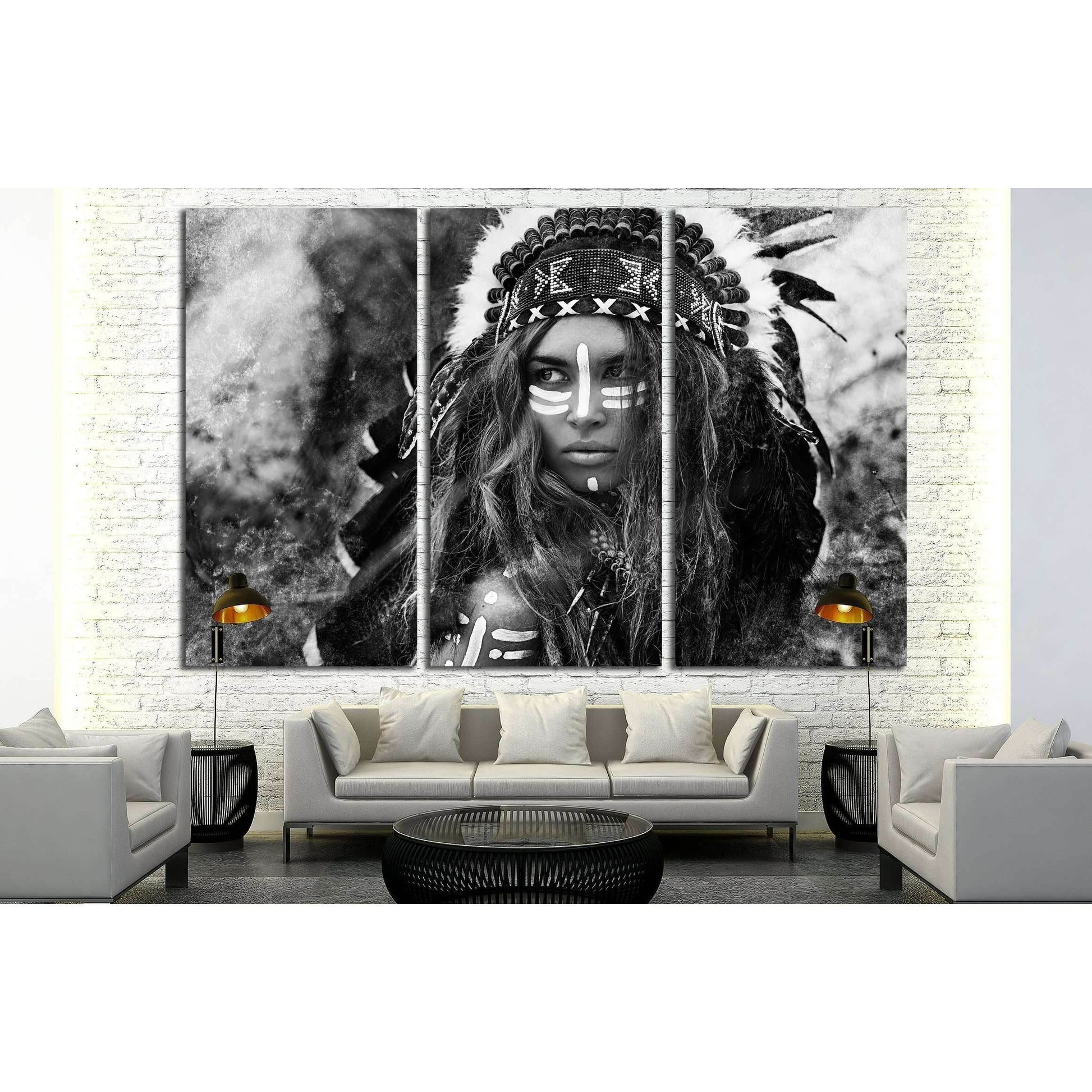Attractive young woman in chieftain. Black and white portrait. Indian style №2769 Ready to Hang Canvas Print - Zellart Canvas Prints ALL_Products, s-2769