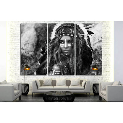 Attractive young woman in chieftain. Black and white portrait. Indian style №2769 Ready to Hang Canvas Print - Zellart Canvas Prints ALL_Products, s-2769