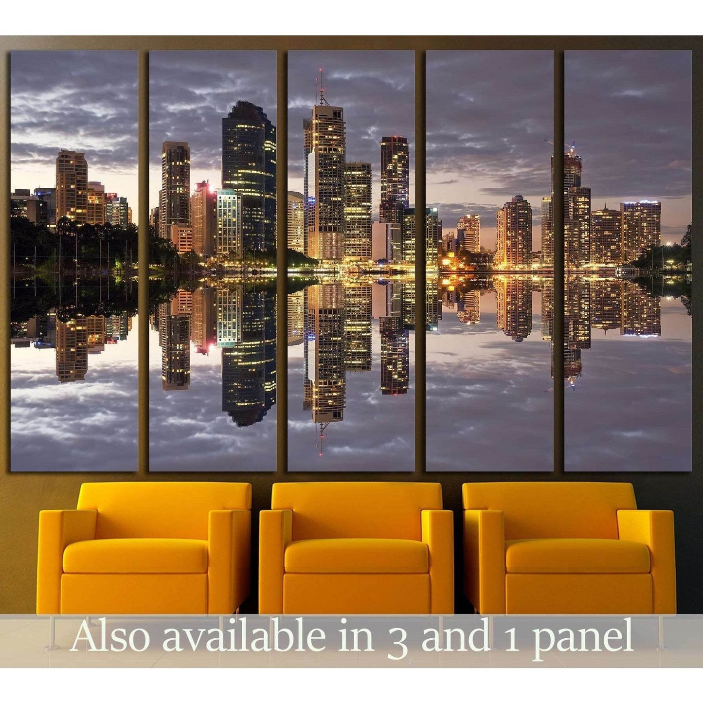 Brisbane skyline canvas print with river reflections at night, displayed in a modern office lounge