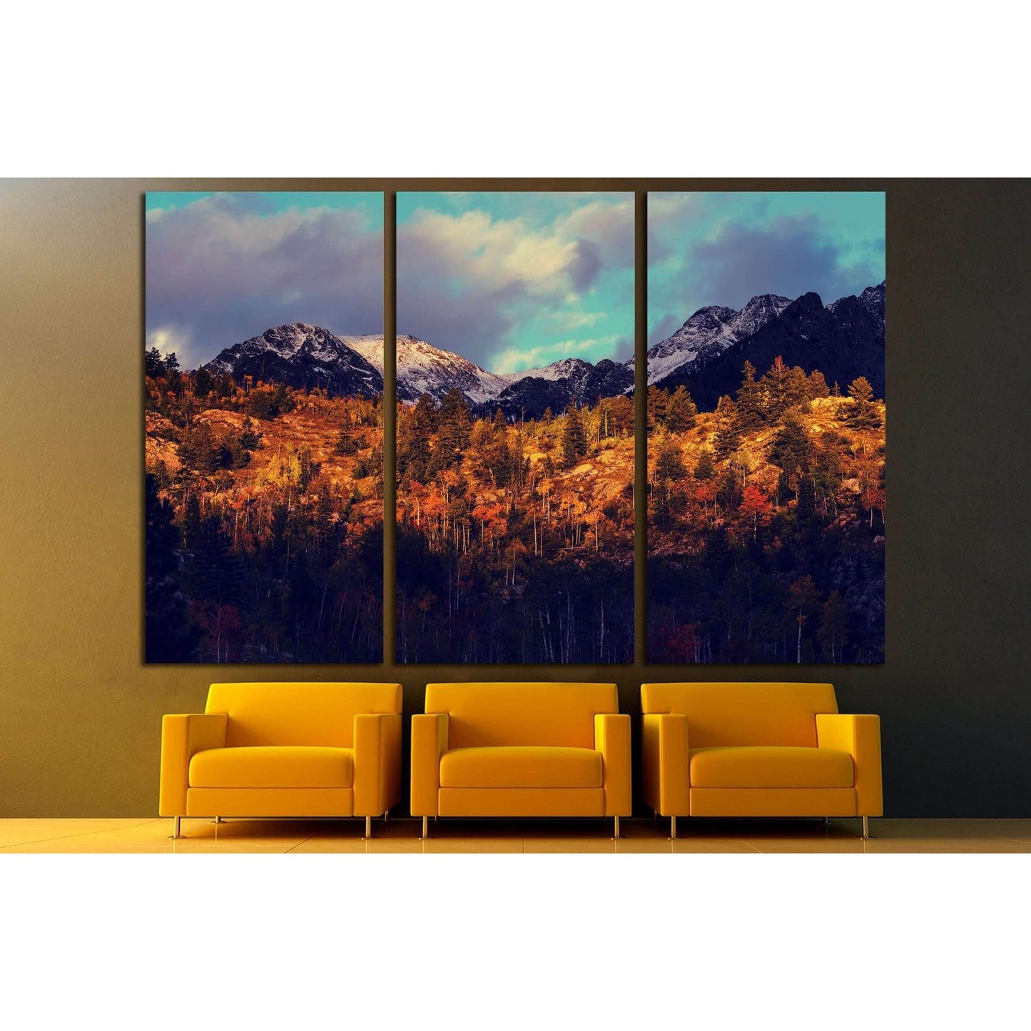 Autumn Mountainscape Canvas Print - Rustic Lodge Wall AccentThis five-panel canvas print showcases the majestic beauty of the Colorado mountains, with a foreground of autumn-colored trees against the backdrop of snow-capped peaks. The rich, warm tones of