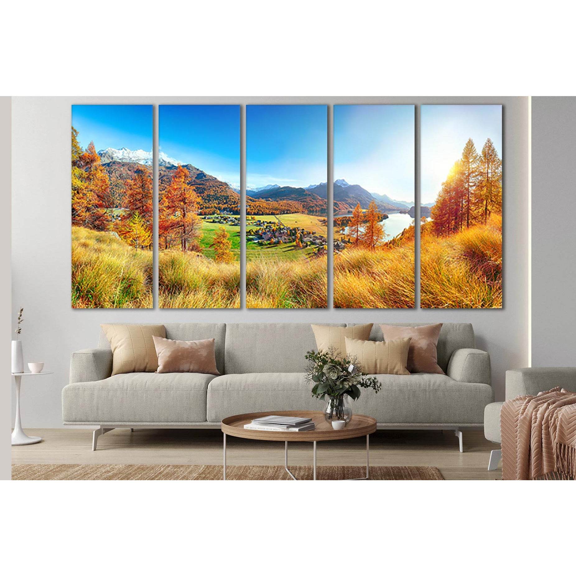Autumn Panorama Over Sils Im Engadin №SL649 Ready to Hang Canvas Print - Zellart Canvas Prints 0new, ALL_Products, Autumn Wall Art
