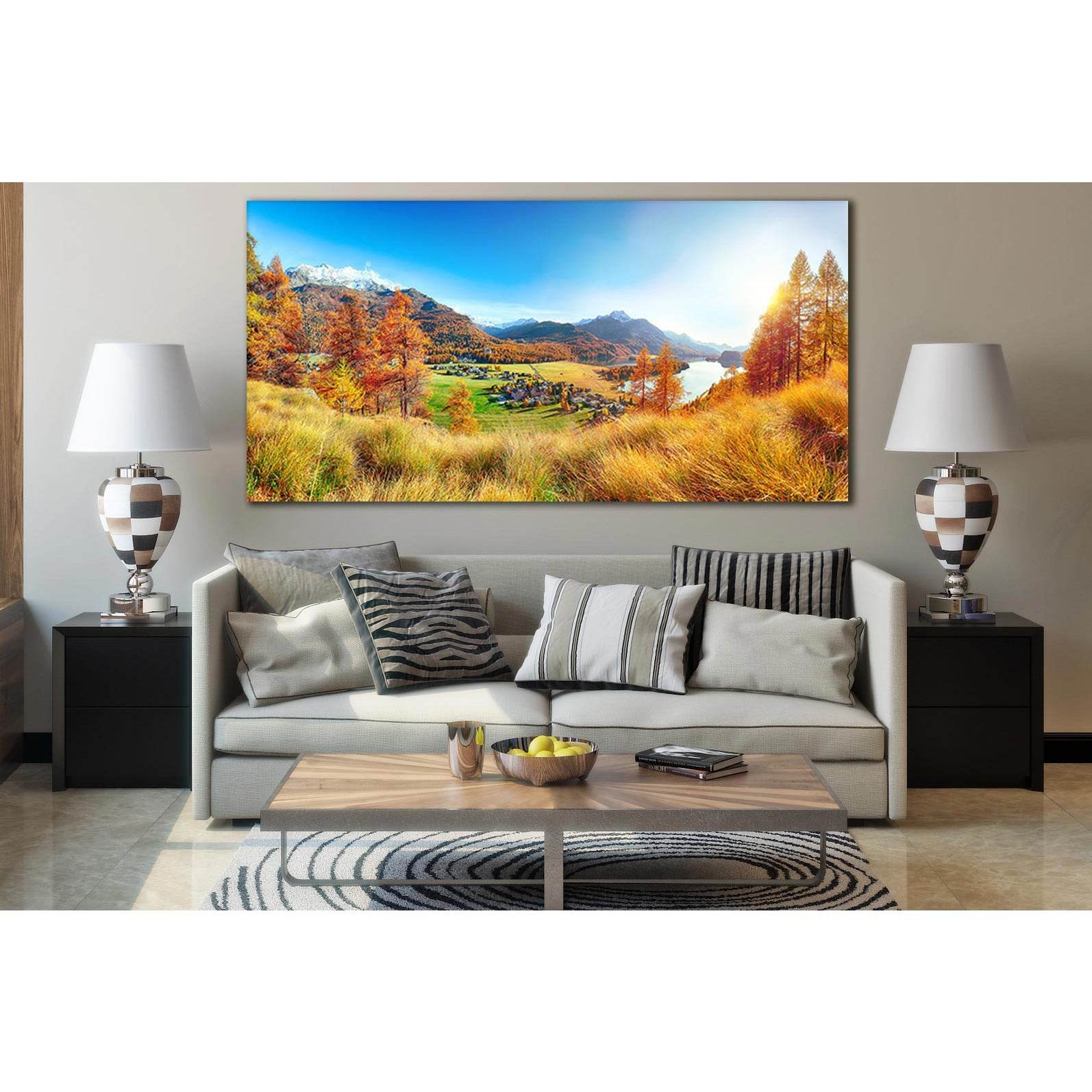 Autumn Panorama Over Sils Im Engadin №SL649 Ready to Hang Canvas Print - Zellart Canvas Prints 0new, ALL_Products, Autumn Wall Art