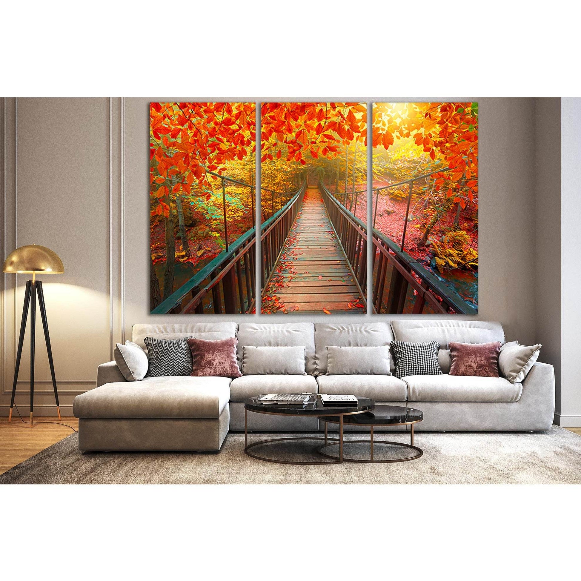 Autumn View With Wooden Bridge №SL616 Ready to Hang Canvas Print - Zellart Canvas Prints 0new, ALL_Products, Autumn Wall Art
