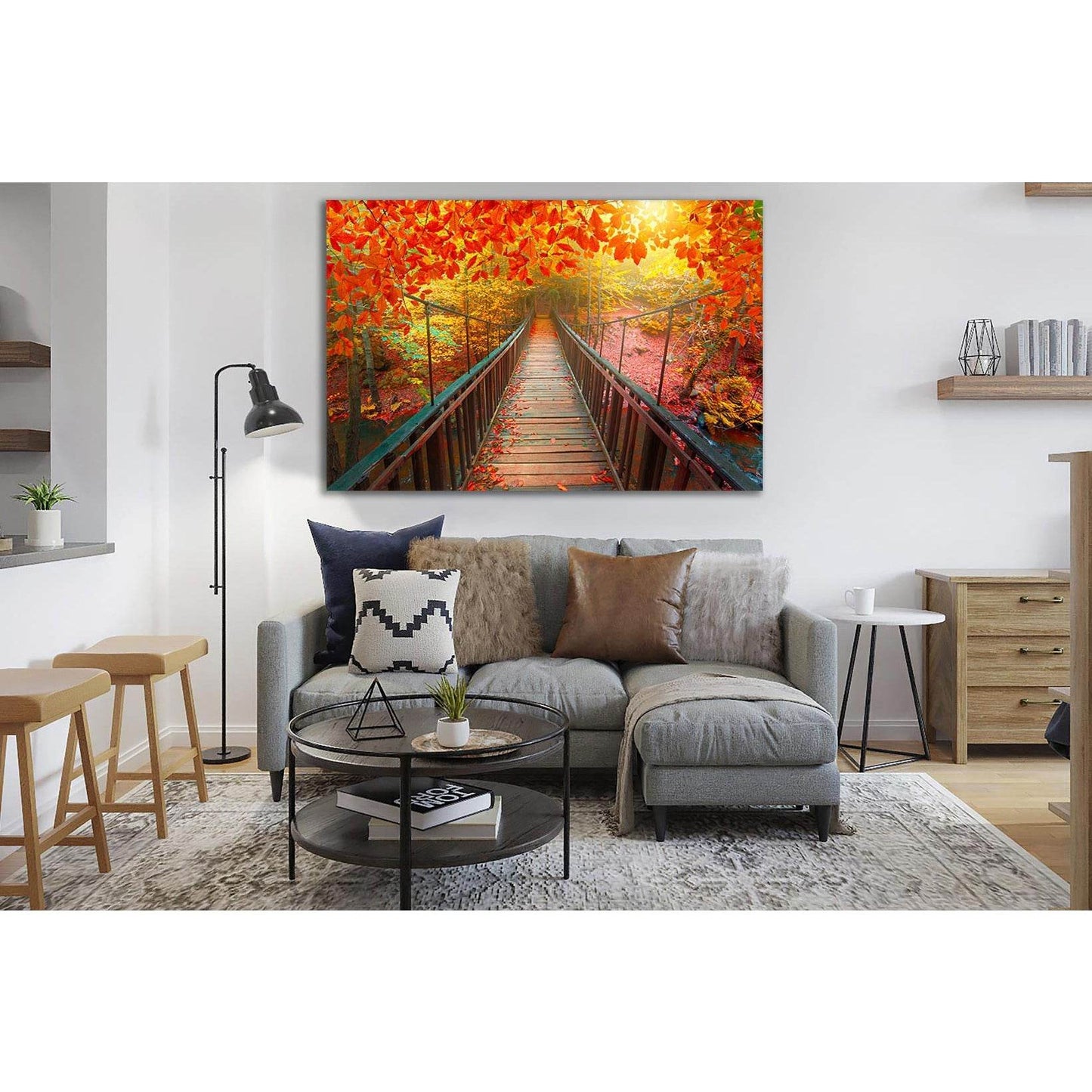 Autumn View With Wooden Bridge №SL616 Ready to Hang Canvas Print - Zellart Canvas Prints 0new, ALL_Products, Autumn Wall Art