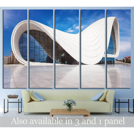 Baku Heydar Aliyev Center canvas print displayed above sofa in a modern living room