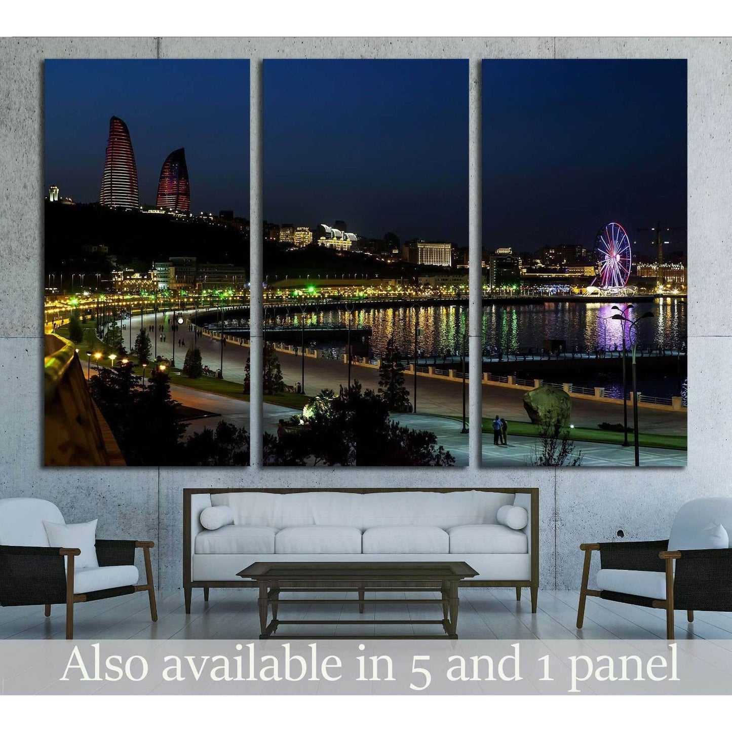 Baku night skyline canvas print with Flame Towers, waterfront reflections, and Ferris wheel above a sofa