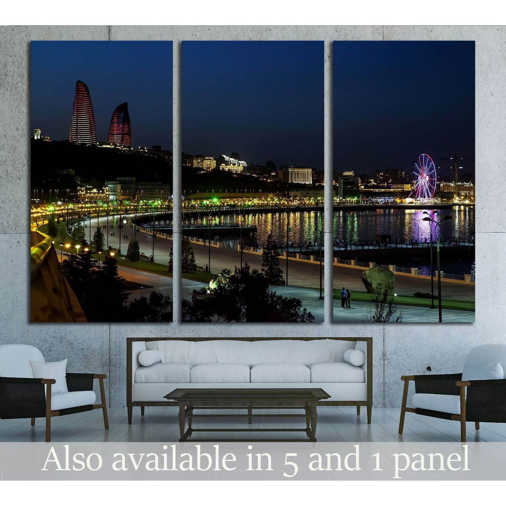 Baku night skyline canvas print with Flame Towers, waterfront reflections, and Ferris wheel above a sofa