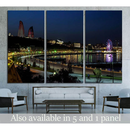 Baku night skyline canvas print with Flame Towers, waterfront reflections, and Ferris wheel above a sofa