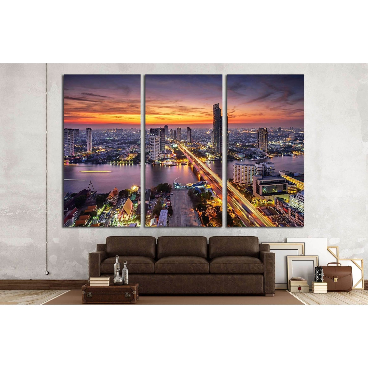 Bangkok city at sunset (Taksin Bridge) №2284 Ready to Hang Canvas Print - Zellart Canvas Prints ALL_Products, s-2284