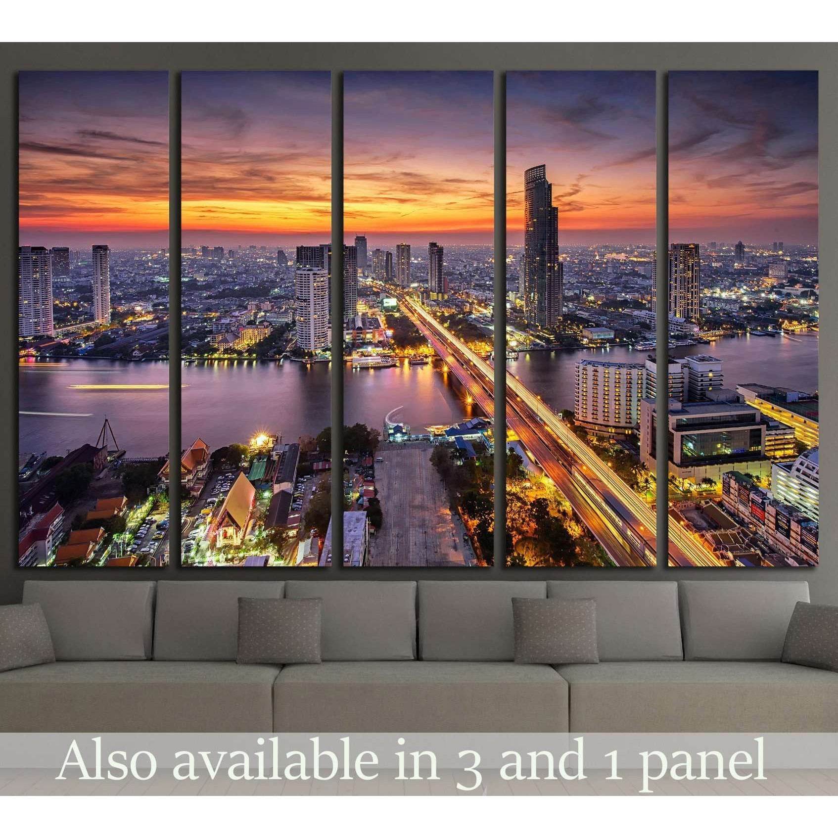 Bangkok city at sunset (Taksin Bridge) №2284 Ready to Hang Canvas Print - Zellart Canvas Prints ALL_Products, s-2284