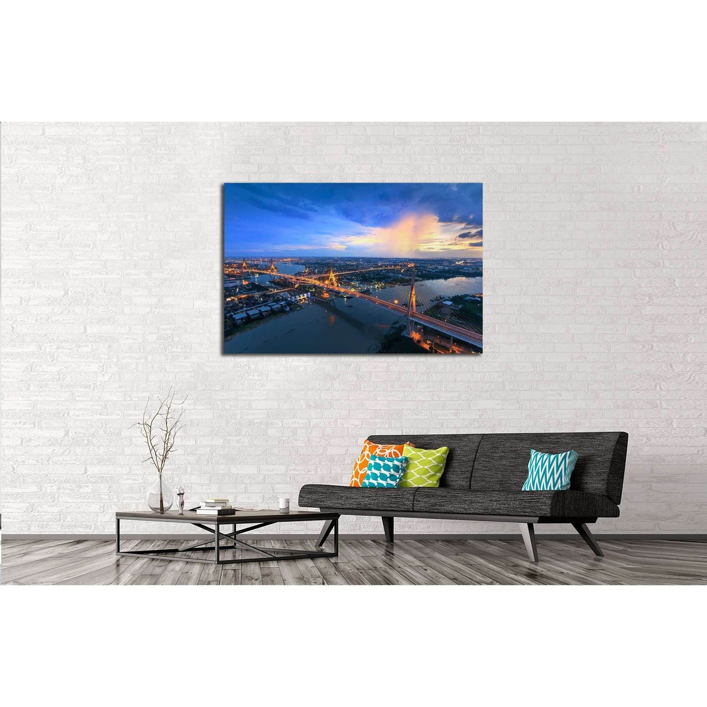 Bangkok City - Beautiful sunset view of Bhumibol Bridge in Bangkok №2963 Ready to Hang Canvas Print - Zellart Canvas Prints ALL_Products, s-2963